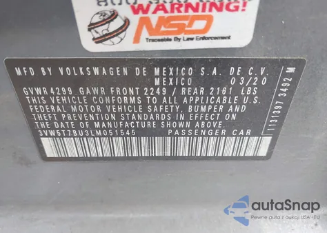 2020 Volkswagen Jetta Gli 2.0T Autobahn/2.0T S z USA, uszkodzony, nr VIN 3VW5T7BU3LM051545